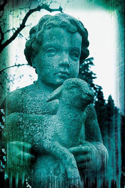 Germany, Stuttgart, Collage of statue of child holding lamb