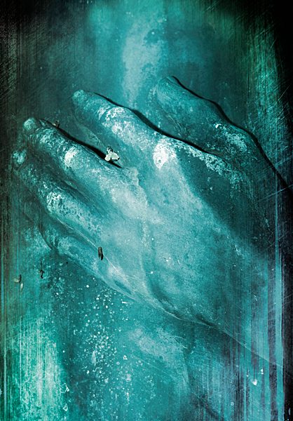 Germany, Stuttgart, Collage of hand statue