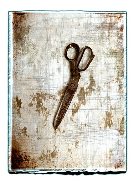 Collage of old rusty scissors