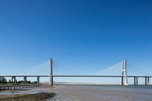 Portugal, Lisbon, View of Vasco da Gama bridge at River Tagus
