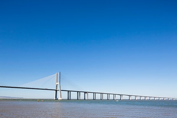 Portugal, Lisbon, View of Vasco da Gama bridge at River Tagus