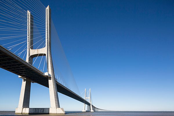 Portugal, Lisbon, View of Vasco da Gama bridge at River Tagus