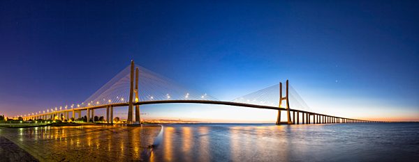 Portugal, Lisbon, View of Vasco da Gama bridge at River Tagus