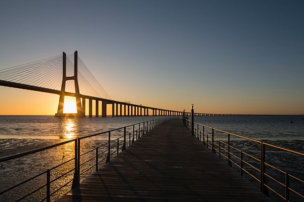 Portugal, Lisbon, View of Vasco da Gama bridge at River Tagus