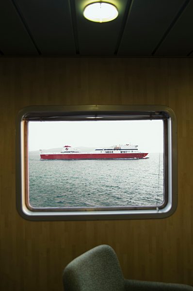 Greece, Ionian Islands, Ithaca, View of ferry boat from ship window