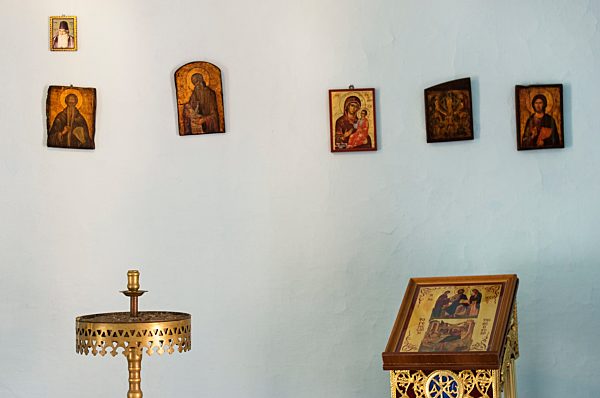 Greece, Ionian Islands, Ithaca, Picture frame on wall of abbey