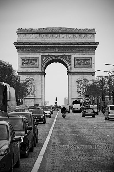France, Paris, View of Arc de Triomphe and Champs Elysees street in winter