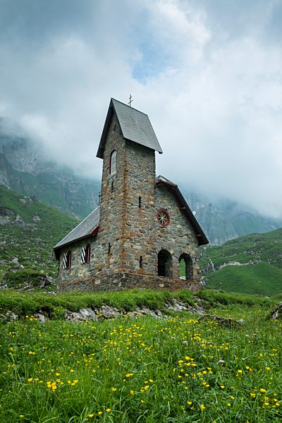 Switzerland, View of church at Meglisalp mountain pasture