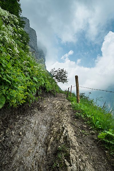 Switzerland, View of Schrennenweg hiking trail to Meglisalp