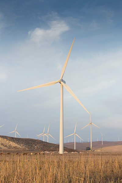 Spain, Andalusia, Cadiz, wind turbines standing on a field