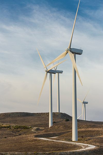 Spain, Andalusia, Cadiz, wind turbines standing on a field
