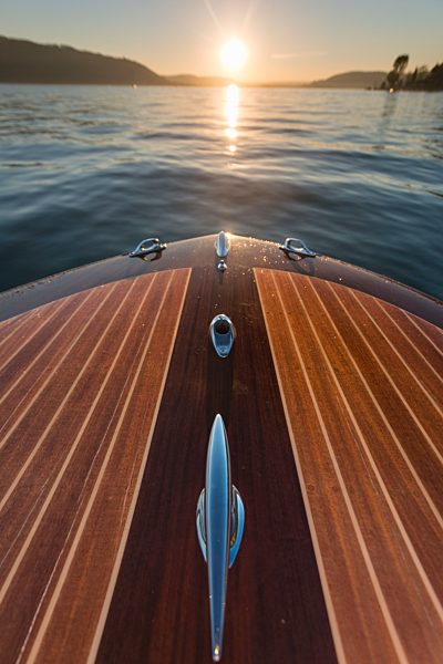 Germany, Baden-Wurttenberg, Wallhausen, Detail of wooden motorboat on Lake Constance