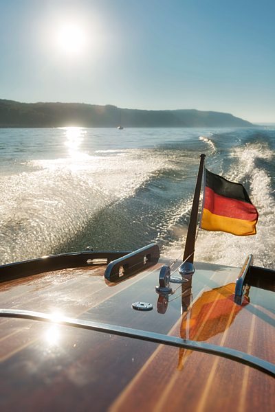 Germany, Baden-Wurttenberg, Wallhausen, Detail of wooden motorboat on Lake Constance