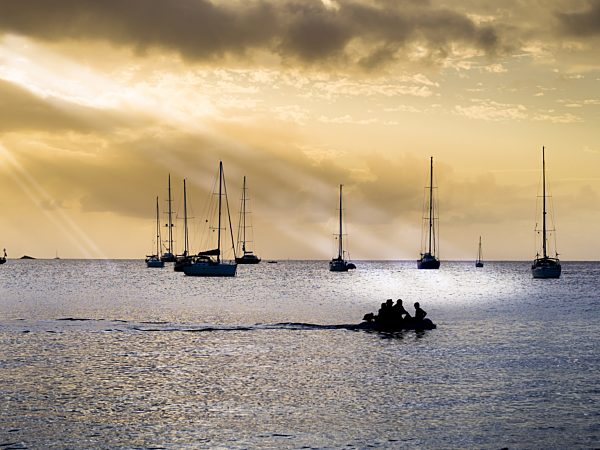 Caribbean, Antilles, Lesser Antilles, Saint Lucia, sailing yachts at sunset