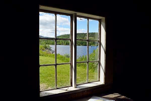 Sweden, Vilhelmina, View through window to lake Kultsjoen