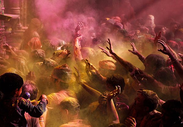 India, Uttar Pradesh, Vrindavan, people during Holi, spring festival, festival of colours