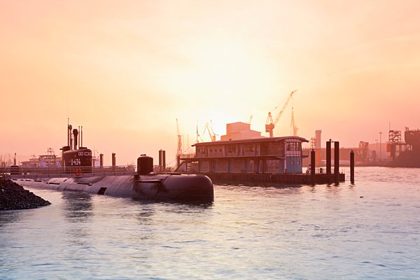 Germany, Hamburg, Museum harbour, Submarine boat U-434 in the morning
