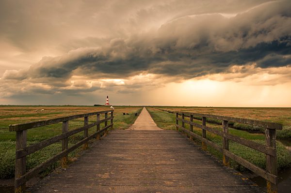 Germany, Schleswig-Holstein, North Sea, Thunderstorm over the Lighthouse Westerheversand