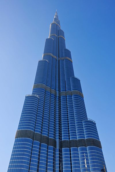 Dubai, view to Burj Khalifa in front of blue sky