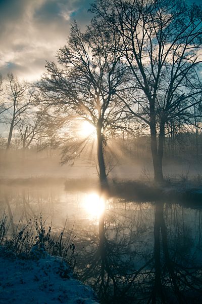 Germany, Bavaria, Landshut, winter landscape with morning sun