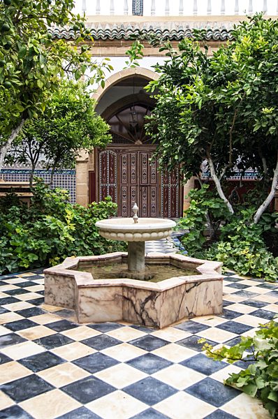 Morocco, Marrakesh-Tensift-El Haouz, garden with fountain of hotel