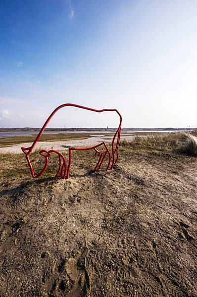 Netherlands, Zeeland, Walcheren, Domburg, Sand dunes, View of cow sculpture