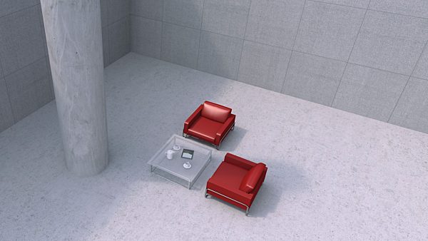Two red chairs and a couch table in modern business building, 3D Rendering