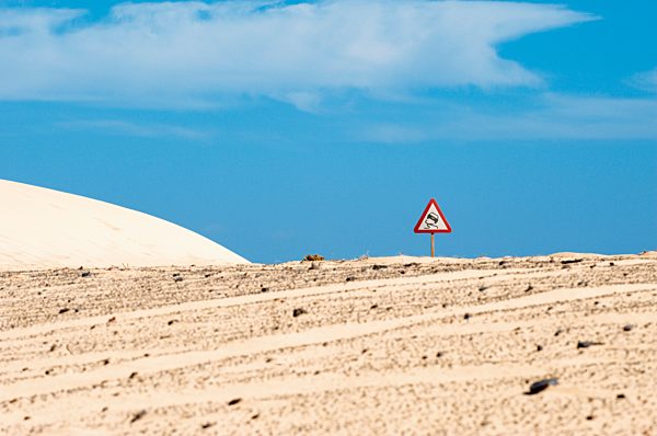 Spain, Fuerteventura, Corralejo, Parque Natural de Corralejo, road sign at the sand dune