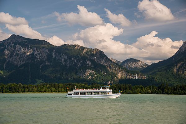Germany, Bavaria, Allgaeu, East Allgaeu, Neuschwanstein Castle, Lake Forggensee with excursion boat MS Allgaeu