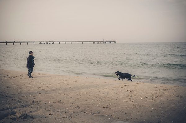 Germany, Mecklenburg-Western Pomerania, Ruegen, little boy and dog on beach in winter