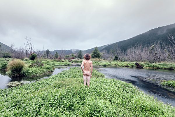 New Zealand, next to Picton, Rear view of nude man
