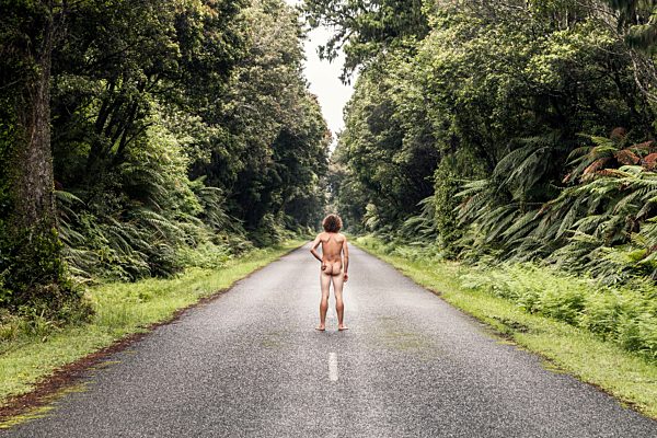 New Zealand, Haast Highway, Rear view of nude man