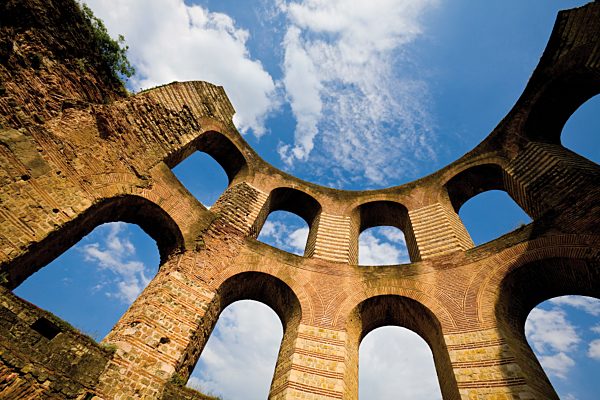 Germany, Rhineland-Palatinate, Trier, Ruins of an imperial thermal bath, low angle view