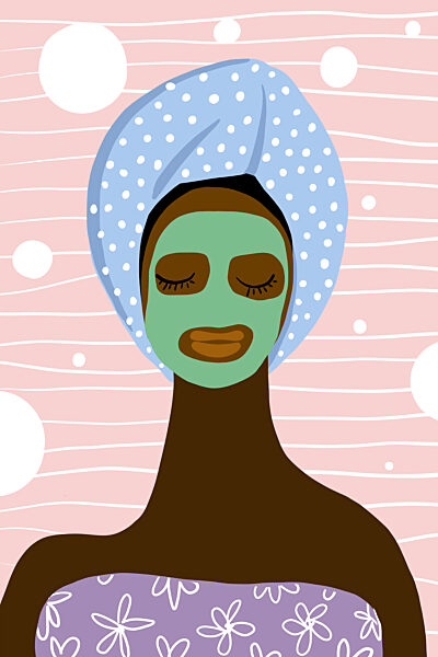 Illustration of a woman with a facial mask and towel on her head