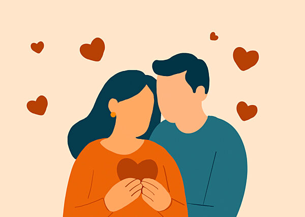 Illustration of a couple in love with hearts around them