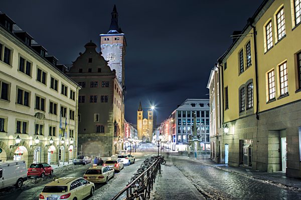 Germany, Bavaria, Wuerzburg, Domstrasse and Cathedral at night