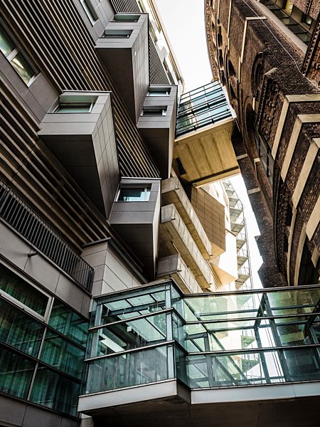 Austria, Vienna, view to facades of gasometer and extension building from below