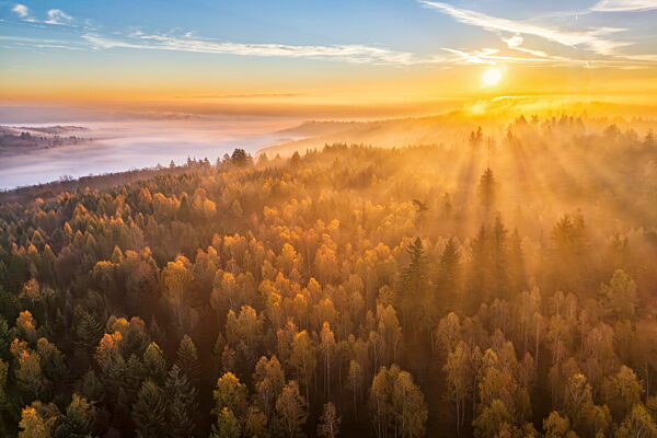 Aerial sunrise view of Swabian forest with morning fog in autumn