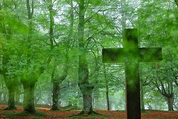 Spain, Cross under trees at Urkiola Natural Park