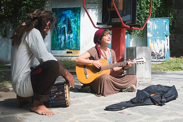 Bulgaria, Plovdiv, two street musicians making music