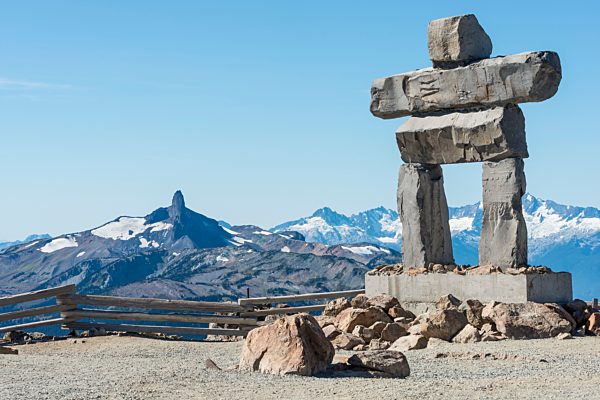 Canada, British Columbia, Whistler, Inuksuk on Whistler Mountain with Black Tusk in background