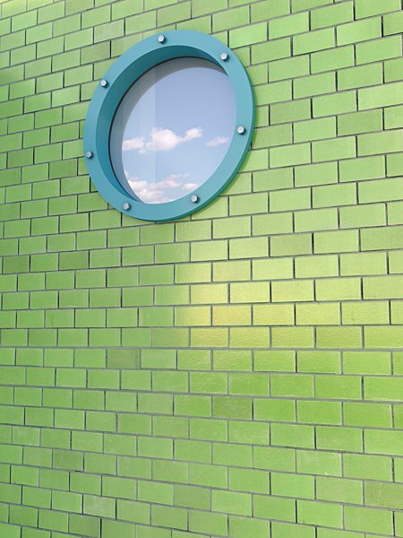 Porthole in green tiled wall, 3D rendering