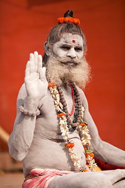 India, Uttar Pradesh, Varanasi, portrait  of a Sadhu covered with white ash
