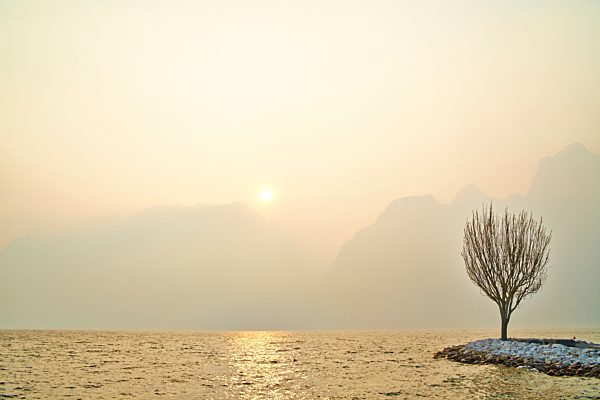 Italy, Torbole, Lake Garda in haze