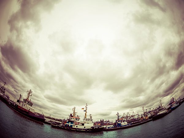 Germany, Hamburg, Port of Hamburg, harbor facility, dramatic sky, fisheye
