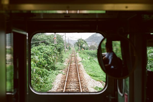Japan, Okayama, view through window of local train
