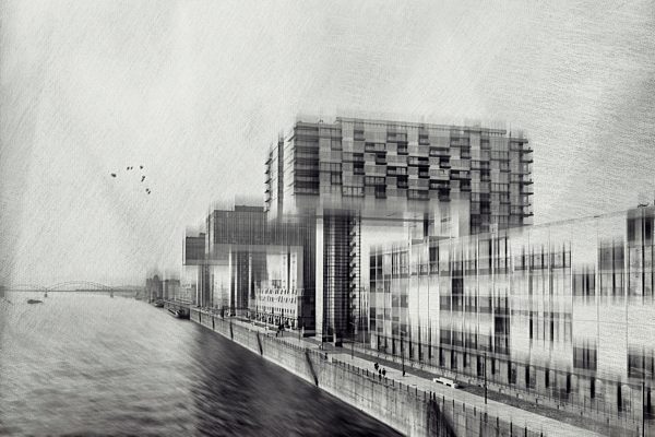 Germany, Cologne, view to Crane houses at Rheinau harbour