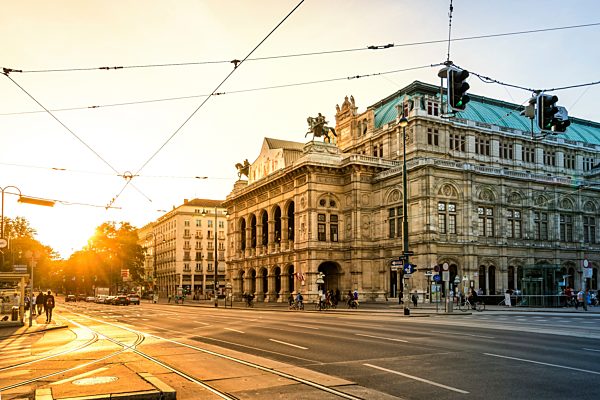 Austria, Vienna, Opernplatz at sunset