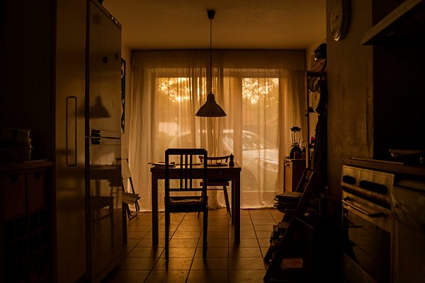 Indoor view of a kitchen at twilight