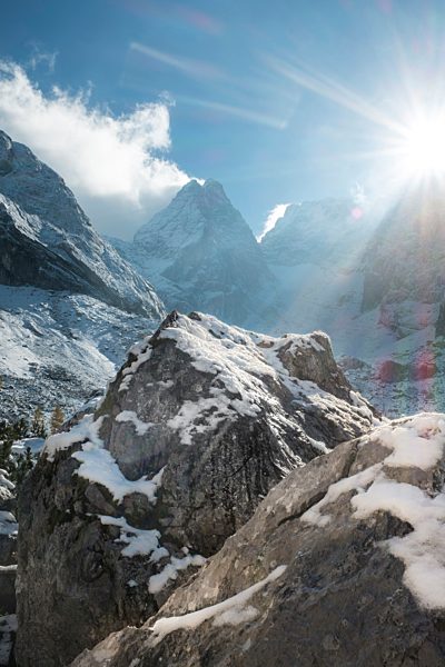 Berchtesgaden Alps, Hochkalter mountain massif against the sun